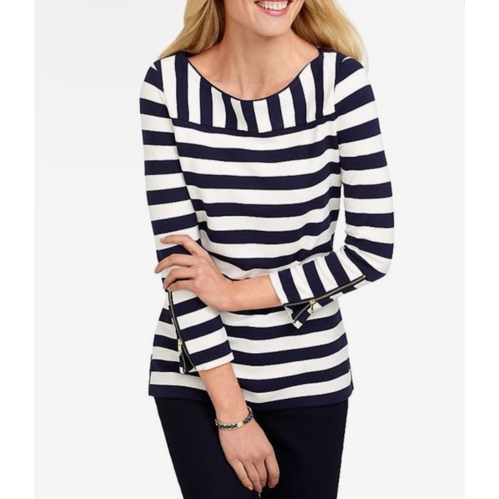 TALBOTS Navy Striped Preppy Coastal Beach Nautical Zipper Sleeve‎ Top SMALL